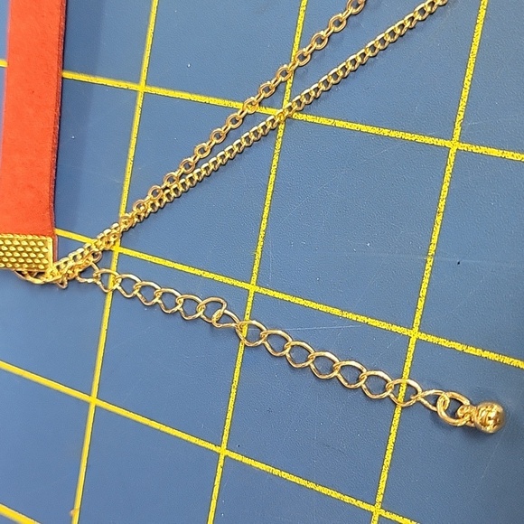 Charisma Red Suede 13" + 3" ext Choker 2 layer Gold Chain Rhinestone & Circle - Picture 2 of 6